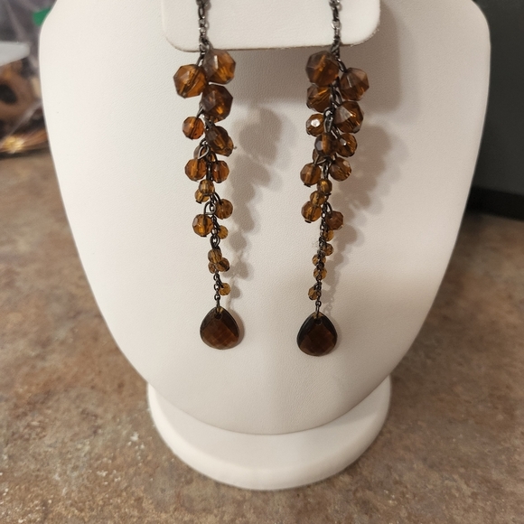 Brown Beaded Waterfall Earrings - Picture 2 of 6